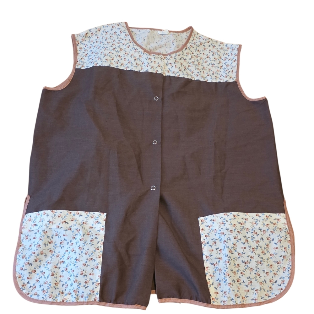 Vintage Patchwork Snap-Front House Vest With Pockets Brown & Floral Print Size L